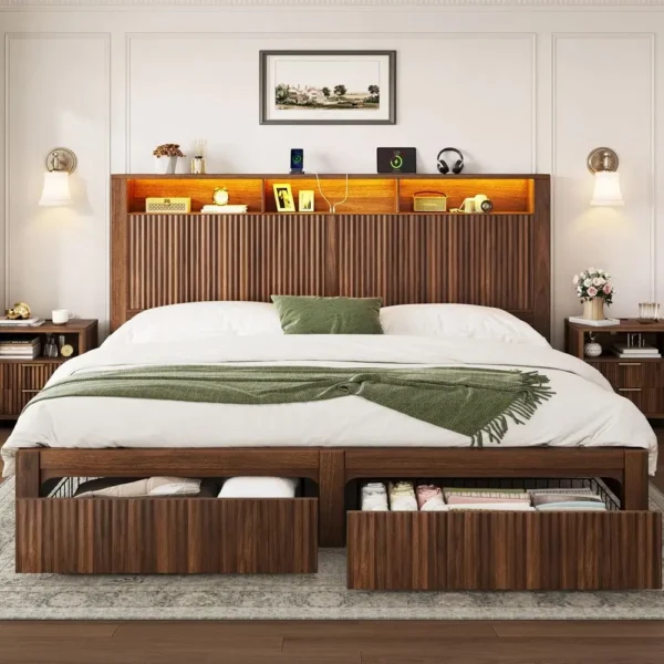 Wavy King Bed Charging Ports, and Storage Drawers