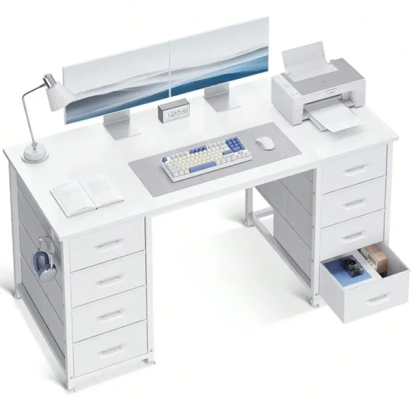 White Computer Desk With 8 Fabric Drawers