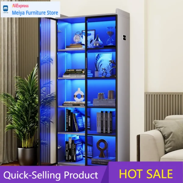 Grey Smoked Black Door Lighted Display Cabinet
