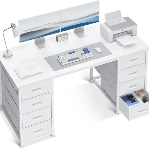 48-Inch White Computer Desk with 8 Fabric Drawers